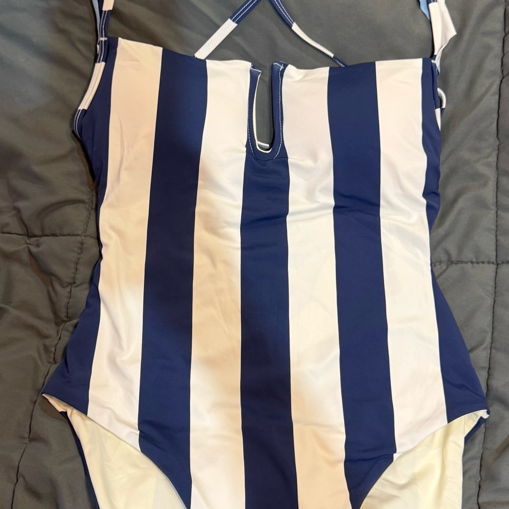 Elegant Blue and White Striped One-Piece Swimsuit